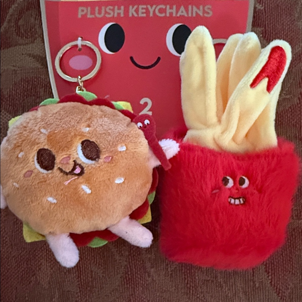 NWT set of 2 Plush Keychains 6” Burger and Fries with ketchup